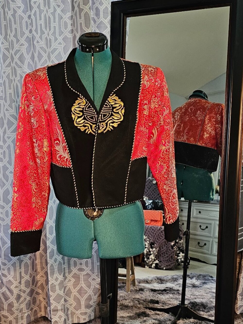 NightLights by N.R. 1 Vintage Red/Black Gold‑Embroidered Cropped Jacket, Fits M